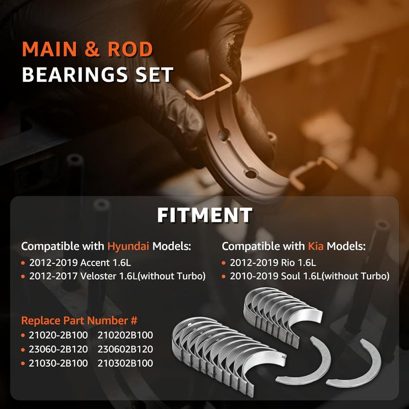 CHARMKER STD Engine Main & Rod Bearing Set Replacement for 2012-2019 Hyundai Accent Veloster for Kia Rio Soul 1.6L 1591CC L4 G4FD Engine Replace# 21020-2B100 23060-2B100 210202B100 - Image 2